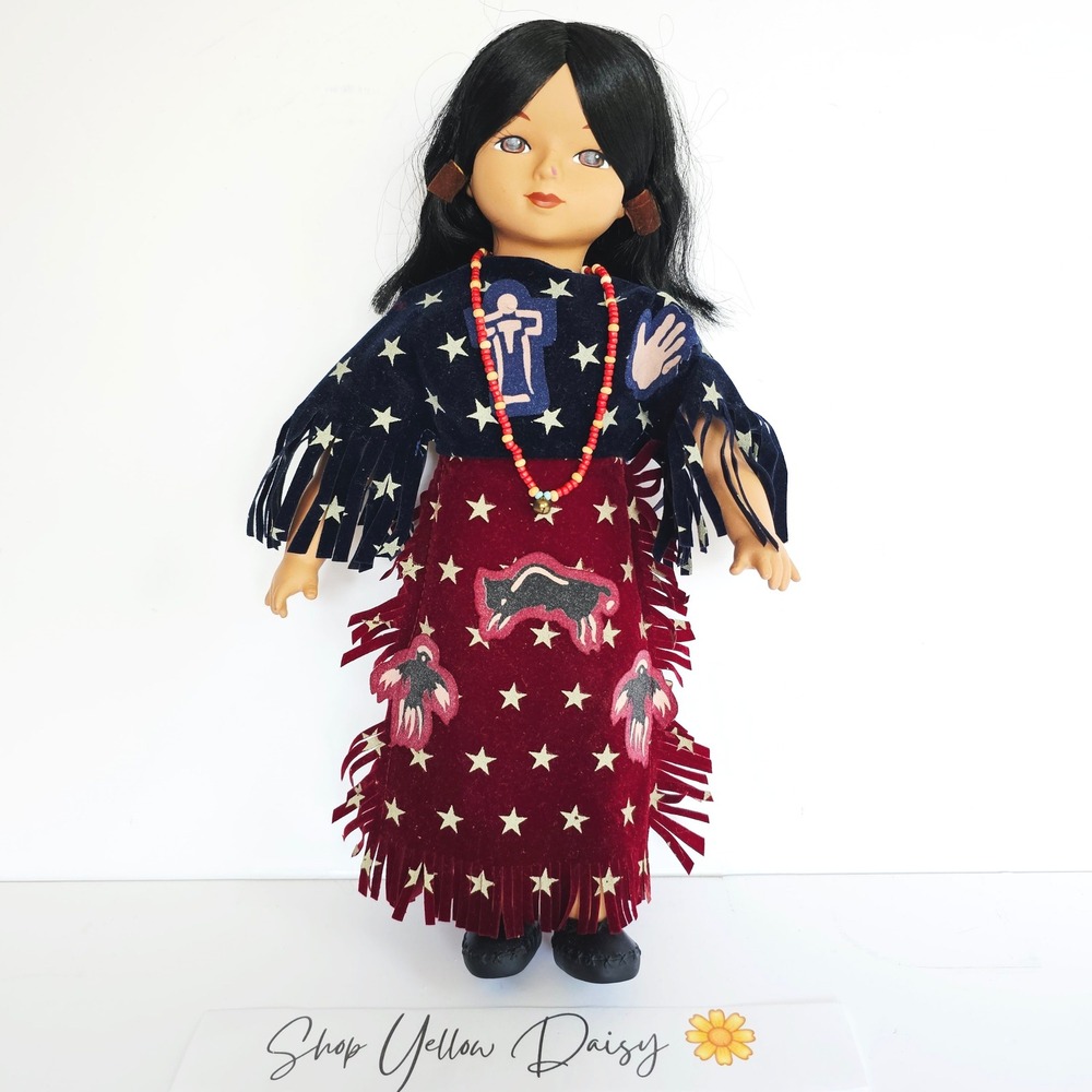 Vintage Native American Style Doll Velvet Fringe Star Print Southwestern Kitsch